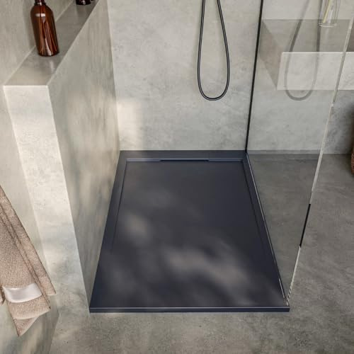 SOULBATH Plato de Ducha Extraplano Antideslizante – Resina Gel Coat - Textura Liso/Piedra – PIZARRA - 140X70 - Rejilla integrada mismo color - Incluye Válvula de desagüe