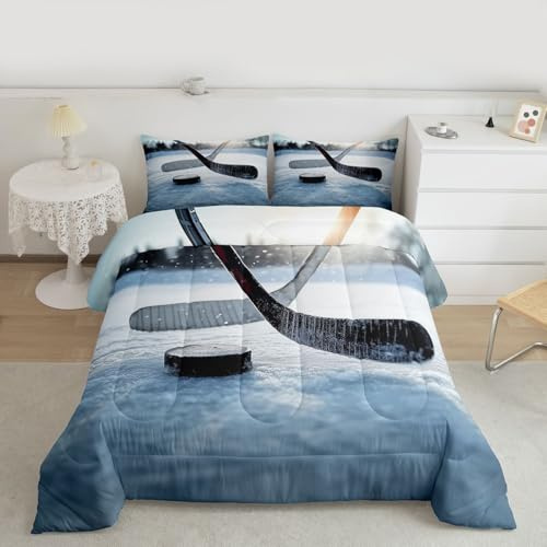 Manfei Ice Hockey Comforter Set Queen Size,Hockey Stadium Rink Duvet Insert Adults Bedroom Decor,Winter Event Ball Games Lovers Bedding Set,Blue Ultra Soft Microfiber Inner Fill 3Pcs Bedding