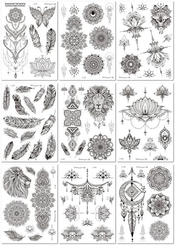 9 Fogli Tatuaggio Retrò Nero Sulla Mano Con Motivo Floreale Mandala Tatuaggio Temporaneo Sulla Clavicola