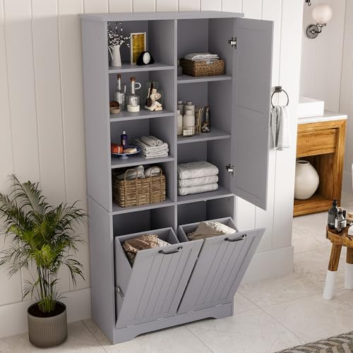 Armoire de salle de bain - Gris laqué - 172 cm - Armoire haute avec 2 paniers à linge - Meuble de salle de bain - En MDF - Avec compartiments ouverts et porte - Grand espace de rangement pour la salle