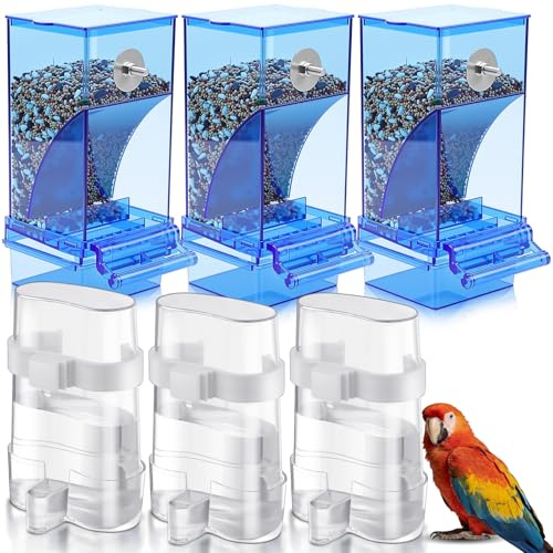 Yaomiao 6 Pcs No Mess Bird Feeders Automatic Clear Parrot Water Dispenser Acrylic Quail Feeder and Watered Cage Accessories Indoor for Small and Medium Parrot Cockatiel Canary (Blue Feeder)