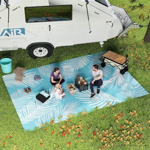 Outsunny Tapis d'extérieur réversible 274x182 cm Tapis de Sol PP Bleu | Portable, Résistant aux Intempéries, Sac de Transport Inclus, pour Terrasse, Patio, Balcon