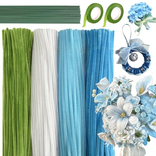 Piprengörare för pyssel 422 st, 4 färger 30 cm piprensare blommor | YUJINGTING Pipe Cleaner Flower Set, grön vit blå, chenilletråd med blomtråd blomband för gör-det-själv-projekt dekorationer