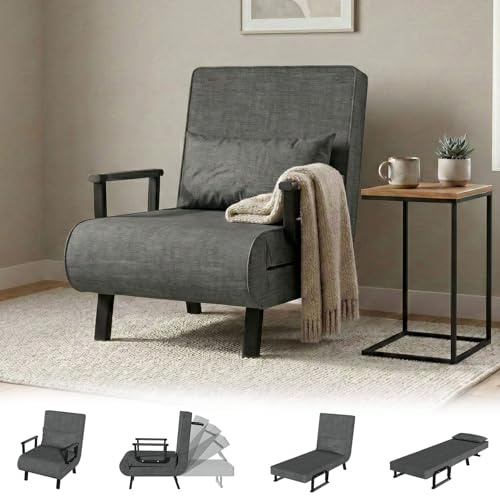 JMGJOY Single Sofa Bed Chair Folding 4-in-1 Multi-Functional Convertible Recliner Chair 6-Position Adjustable Backrest Foldable Memory Foam Metal Frame Guest Bed Max.180kg Sleeper Couch Pillow, Gray