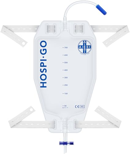 AIESI® Sacche per urina da gamba riutilizzabili capacità 750 ml tubo 10 cm con rubinetto di scarico a croce (T) e valvola anti-reflusso HOSPI-GO (Confezione da 10 pezzi), Rivestita in TNT traspirante