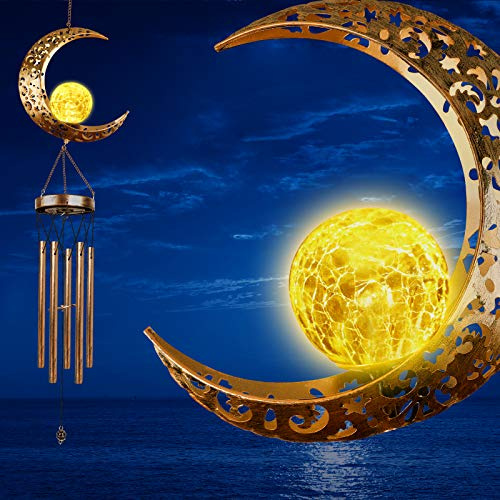 DesGully Solar Wind Chimes, Sun Wind Chime Outdoor Clearance w/Glowing Crackle Glass LED Unique Wind Bells for Outside Waterproof Chimes, Gifts for Her/Him (42 Long Metal Chimes)…