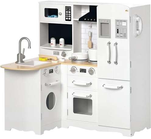 Qaba Pretend Play Corner Kitchen, Interactive Wooden Kids Play Kitchen w/Realistic Sounds, Telephone, Refrigerator, Oven, Microwave, Gift for Toddlers Aged 3+