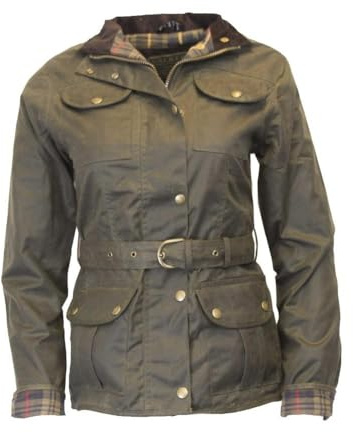 Walker & Hawkes - Florence - Veste cirée pour Femme - Ceinture/4 Poches - Vert Olive - EU 44 (UK 16)
