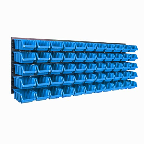Lagersystem Wandregal 1152 x 390 mm | 55 stck. Box | Stapelboxen Schüttenregal Sichtlagerkästen | Extra Starke Wandplatten | Regal Erweiterbar | Werkstattregal Lagerregal Werkstattwandregal Steckregal
