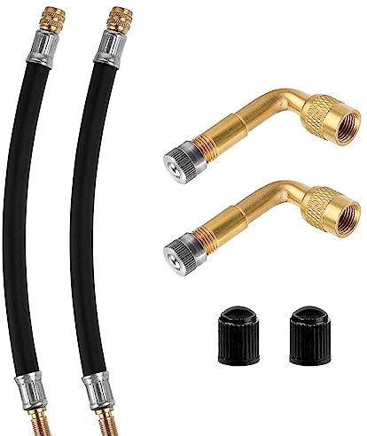 cobee Kit d'extension de Valve de Pneu, 2 adaptateurs de Tuyau de Pompe d'extension de 210 mm avec Bouchons de Valve en Plastique + 2 tiges d'extension de Valve en Caoutchouc Flexible à 90 degrés