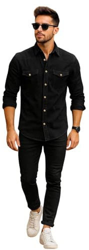 Mens Denim Shirt 100% Cotton Long Sleeve Button Down Casual Straight Fit | True Face Collared Overshirt with Chest Pockets, Snap Buttons, Washed Effect; Colourfast, Smart Casual Look