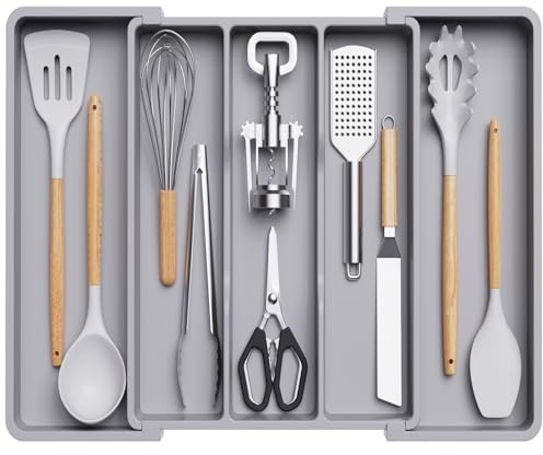 Lifewit besticklåda, förlängningsbar stor besticklåda för köket, justerbar bestickförvaring för silverbestick, plastredskap köksredskap slickepott verktyg och småprylar, förvaringsavdelare, Stor, Grå