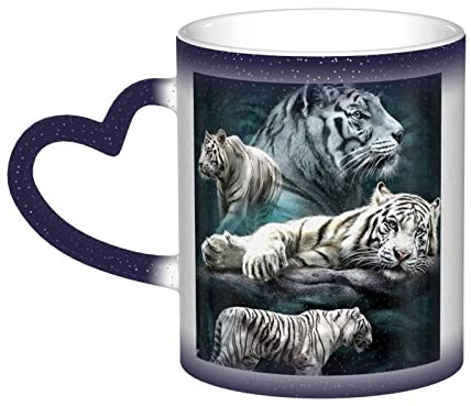 Mug magique en céramique avec de nombreux tigres blancs - Sensible à la chaleur - Changement de couleur - Tasse à café - Tasse à thé au lait - Cadeau pour les amoureux de la