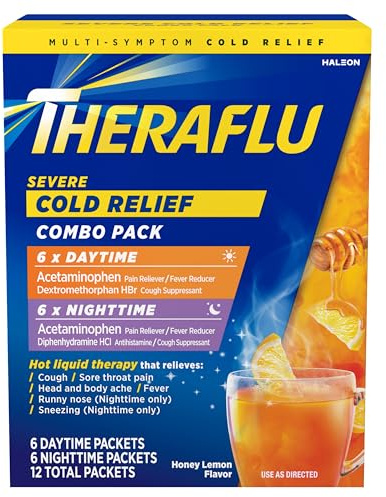 Theraflu Combo Daytime and Nighttime Severe Cold Relief Powder, Honey Lemon Flavor, 12 Count, 6 Daytime + 6 Nighttime