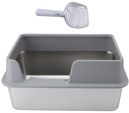 Edelstahl-Katzentoilette, Spritzwassergeschützt, Große, Oben Offene Katzentoilette mit Hohem Rand und Schaufel (Großes Grau)