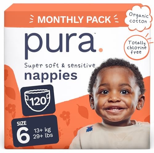 Pura Couche Écologiques, Taille 6 (13kg+), 6 x 20 Couches (120 Total), Pack Mensuel, Ultra Douces pour Peau Sensible, Coton Bio, Protection Contre les Fuites Jusqu'à 12 Heures