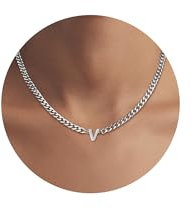 Kette Herren mit Buchstaben, Halskette Herren Damen Silber Kette, Edelstahl Panzerkette Herren Halskette, Initial A-Z Buchstabe Anhänger Ketten für Jungs Jahrestag Weihnachten Geburtstag Geschenke (V)