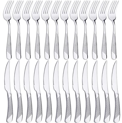 PionStar 24P Knife and Fork Sets, Stainless Steel Cutlery Set for 12 People, Forks Set of 12 & Knives Set of 12, Dishwasher Safe/Mirror Polished, Silverware Set Include Knife and Fork