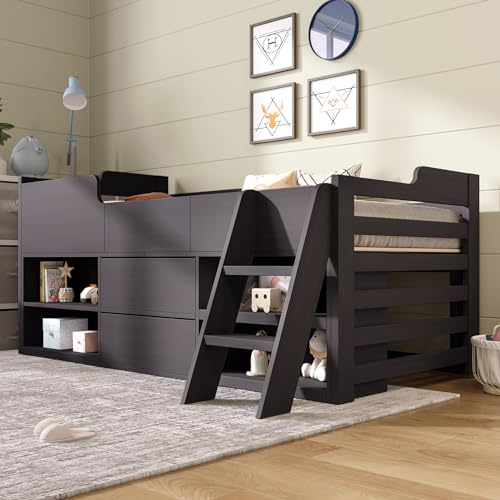 Jtyca Mid Sleeper Bed with Storage and Shelf, 3FT Children's Wooden Cabin Bed Frame with Drawers and Ladder, Low Sleeper Single Bed Frame for Kids and Toddler, 90 x 190 CM, (Without Mattress) (Taupe)