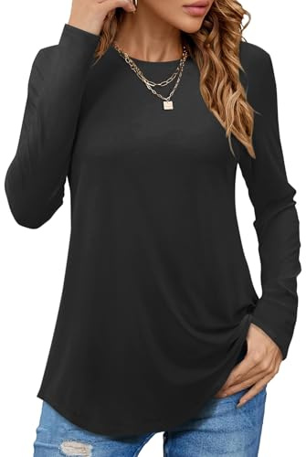 PLOKNRD Women's Long Sleeve T-Shirt Crewneck Casual Tunic Top Curved Hem Classic-Fit Tee (Black,M)