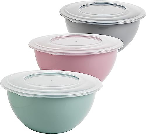 Lot de 3 saladiers avec couvercle - 5 litres - Couleurs tendance (gris clair, rose pastel, vert) - Couvercle transparent - Fabrication européenne de qualité supérieure en plastique PP sans BPA