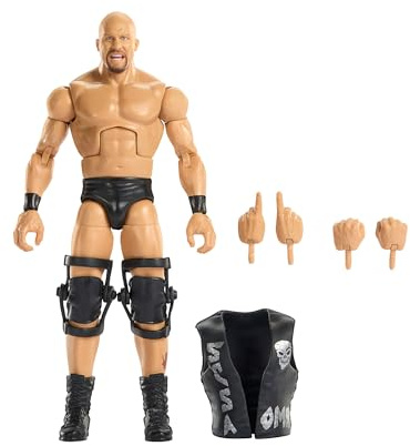 Mattel WWE Elite Actionfigur und Zubehörteile, Greatest Hits 2025, ca. 15 cm große Sammelfigur Stone Cold Steve Austin mit 25 Bewegungspunkten und austauschbaren Händen, JHT58