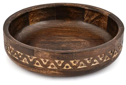 Hanol Cuenco decorativo de madera de mango tallado redondo para mesa de comedor para el hogar, entrada o exhibición de temporada (10 x 10 x 2.5 pulgadas)