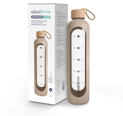 Aquafloow Borraccia motivazionale 1L in vetro borosilicato, senza BPA, Bottiglia con custodia in silicone e misurino motivazionale, caraffa vetro per il lavoro, lo sport e i viaggio- Beige