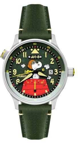 AVI-8 Hawker Hurricane Mckellar Dual Time Peanuts Snoopy Flying Ace Limited Edition AV-4151 - Orologio da uomo, 43,5 mm, con cinturino in pelle