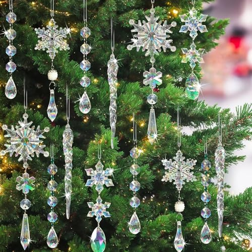 18 Piezas Adornos de Carámbano para Árbol de Navidad, Acrílico Copo de Nieve Navidad, Acrílico Transparente Decoraciones Adornos Navidad de Copo de Nieve