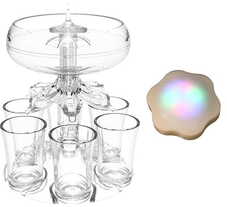 Dispensador de vino – Soporte de acrílico iluminado para seis vasos, dispensador de vasos de chupito, soporte para verter líquidos, base de luz LED, funciona con pilas, juego de bar para beber