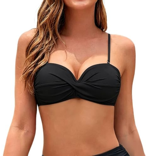 Haut de Bikini Bandeau Femme Push-Up Sexy Bikini Bandeau Col en V Croisée Haut de Bikini Noir Bretelles Amovibles et sans Bretelles Hautde Maillot de Bain avec Rembourrage Amovible