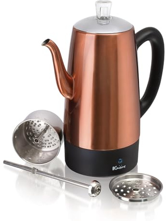 Euro Cuisine PER12 Stainless Steel Electric Coffee Percolator, 12 Cup, Polished Copper Finish, Dripless Gooseneck Spout, Clear Glass Knob, Brewing Indication, Keep-Warm Function, Detachable Cord