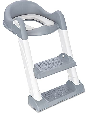 Hillington Baby Toddler Potty Training Toilet Ladder Padded Seat Steps Assistant for Toddler Child Toilet Trainer (White & Grey)