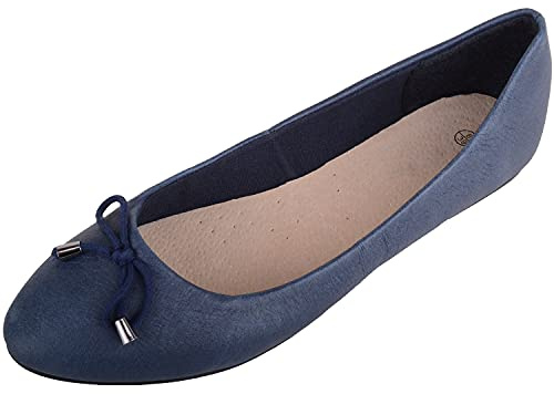 Womens Slip On Genuine Leather Formal Casual Pumps Ballerina Style Shoes - Navy - UK 6 / EU 39