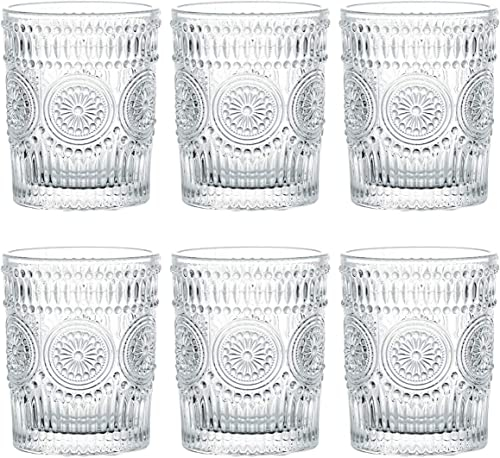 MEETOZ 6 Pack 9.5 oz Romantic Water Glasses, Premium Drinking Glasses Tumblers, Vintage Glassware Set for Whisky, Beer, Juice, Beverages, Cocktail