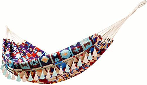 Hängematte Outdoor Hängematten Jacquard Retro Stoff Hängematte mit Quaste Makramee Boho Leinwand Hängemaette Bett für Schlafzimmer Terrasse Garten Hinterhof