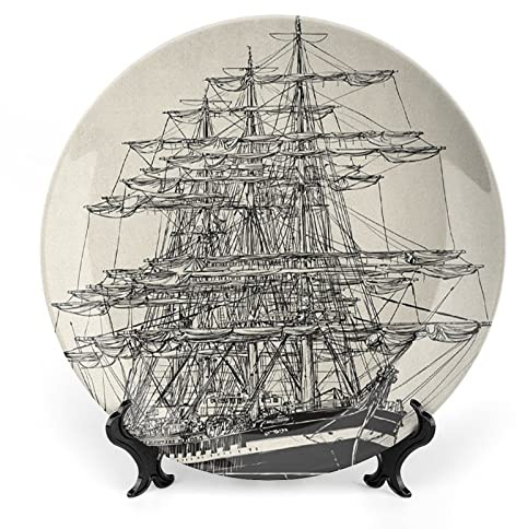 XISUNYA 8 Inch Decorative Plate, Pirate Ship Ceramic Stoneware, Sailing Boat Detailed Nautical Maritime Theme Vintage Print Ceramic Wall Hanging Decor Accessory for Dining Table Tabletop Home Decor