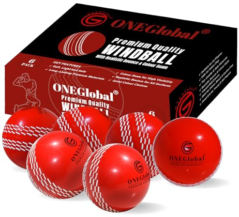 ONEGlobal Premium Windball Weiche Cricketbälle | Langlebig & sicher, farbige Naht, realistischer Sprung & Schwung | Indoor-/Outdoor-Coaching, Training, Garten & Strandspiele (6 Rot)