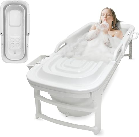 SereneLife 59 Portable Bathtub for Adults – Large Foldable Freestanding Bath Tub for Hot Spa & Cold Plunge Ice Bath, Indoor/Outdoor, Pet & Family Use, Complete Set