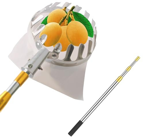 Recoge Frutas Telescopico con Bolsa de Tela, Palo Extensible de Frutas de Acero Inoxidable, Pertiga Telescopica for Recolección de Árboles de Albaricoque, Pera, Naranja y Mango(2.1m)