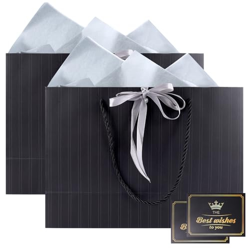 KATIMI 2 Pezzi Busta Regalo Set, Sacchetti Regalo Medie, Buste Regalo Grandi in Carta con Manici + 2 Carte + 4 Veline per Donne Ragazze San Valentino Festa di Nozze Natale (Nero)