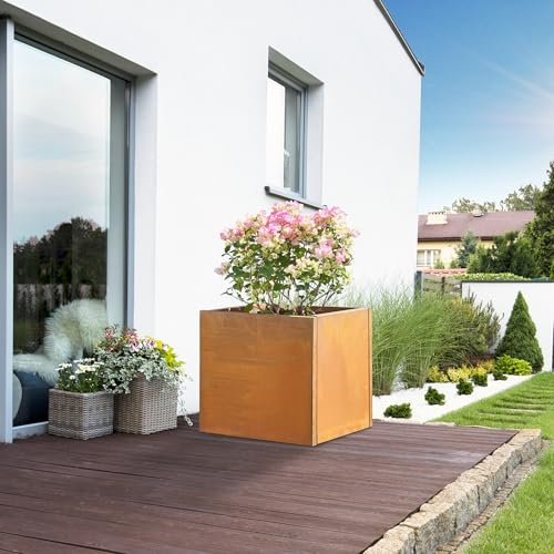 casa.pro Bac à Plantes Jardinière avec Trou Intégré Pot de Fleurs Carré Extérieur en Toute Saison Élégant Résistant Déco Jardin Balcon Terasse en Acier Corten 50 x 50 x 50 cm Rouille