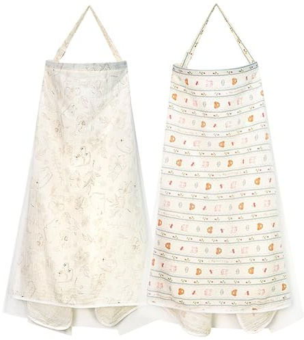 ARefugen 2Pcs Muslin Nursing Cover for Breastfeeding - Arch Neckline Hoop for Mom, Breathable Privacy Shield Travel Friendly Lightweight Adjustable Strap Summer Comfort Nursing Apron