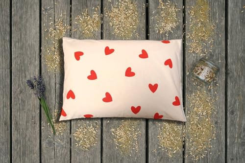 Natura – Cuscino per erbe aromatiche 50 x 34 cm con farro e 10 erbe per un sonno tranquillo | cotone biologico | cuori rossi | idea regalo