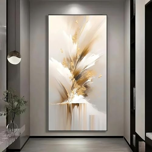Impresiones en lienzo de lujo con decoración vertical dorada y blanca para el hogar, la oficina, la sala de estar, el dormitorio, el pasillo, 80 x 160 cm, sin marco