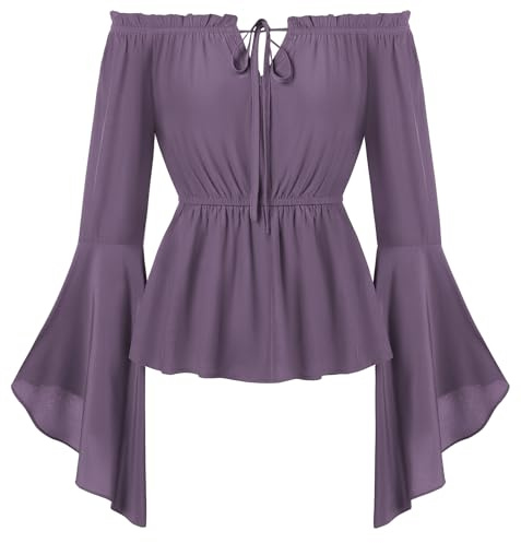 SCARLET DARKNESS Mittelalter Kleidung Damen Renaissance Bluse Langarm Viktorianische Oberteile Herbst Elegant Rüschenbluse Lila M