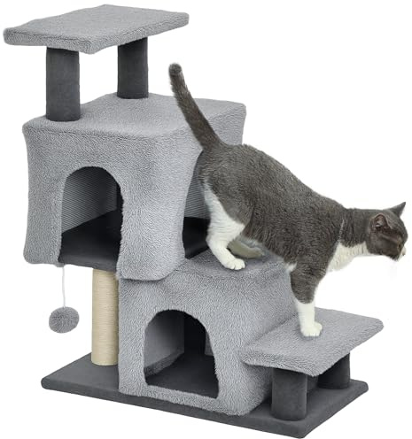 PawHut Scaletta per Gatti a 4 Gradini Regolabile per Letto Divano Grigio