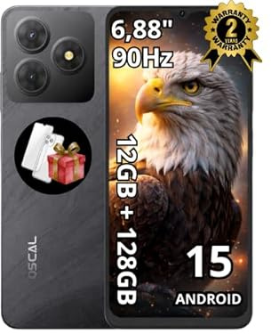 OSCAL Flat 2 Smartphone Ohne Vertrag, Android 15, 12GB+128GB/2TB TF Handy, 6.56'' HD+ 90Hz Display, 13MP+8MP Kamera, 5000mAh, Dual SIM/OTG/GPS/Face ID/Fingerabdruck, 2 Jahre Garantie, Phantomschwarz