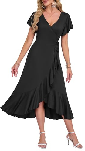AUSELILY Summer Dresses for Women UK Midi Wrap Beach Casual V-Neck Short Sleeve Slit Ruffle Dress for Cocktail Wedding Guest
